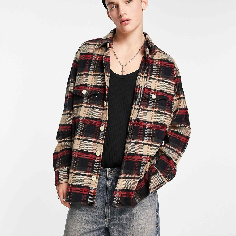 All Saints Red and Black Plaid Shirt